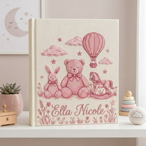 Hand Embroidered Baby Photo Album, Personalized Baby Girl Memory Book, Custom Name Keepsake Album, Teddy Bear Nursery Gift