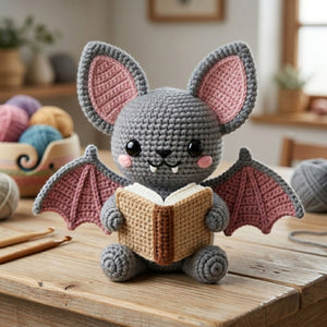 Crochet Bat Plush, Handmade Amigurumi Bat Doll, Gray Pink Halloween Toy, Gothic Nursery Decor, Book Lover Gift, Baby Shower Gift, 4-12in
