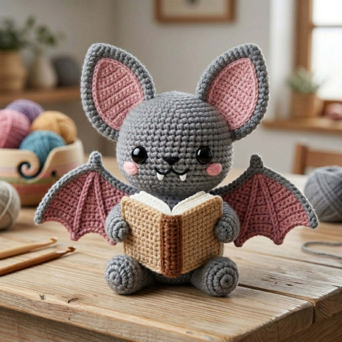 Crochet Bat Plush, Handmade Amigurumi Bat Doll, Gray Pink Halloween Toy, Gothic Nursery Decor, Book Lover Gift, Baby Shower Gift, 4-12in