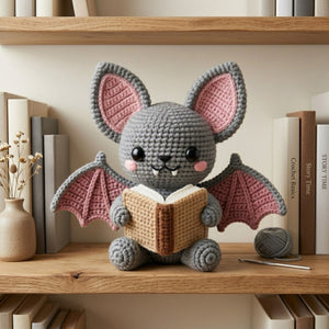 Crochet Bat Plush, Handmade Amigurumi Bat Doll, Gray Pink Halloween Toy, Gothic Nursery Decor, Book Lover Gift, Baby Shower Gift, 4-12in