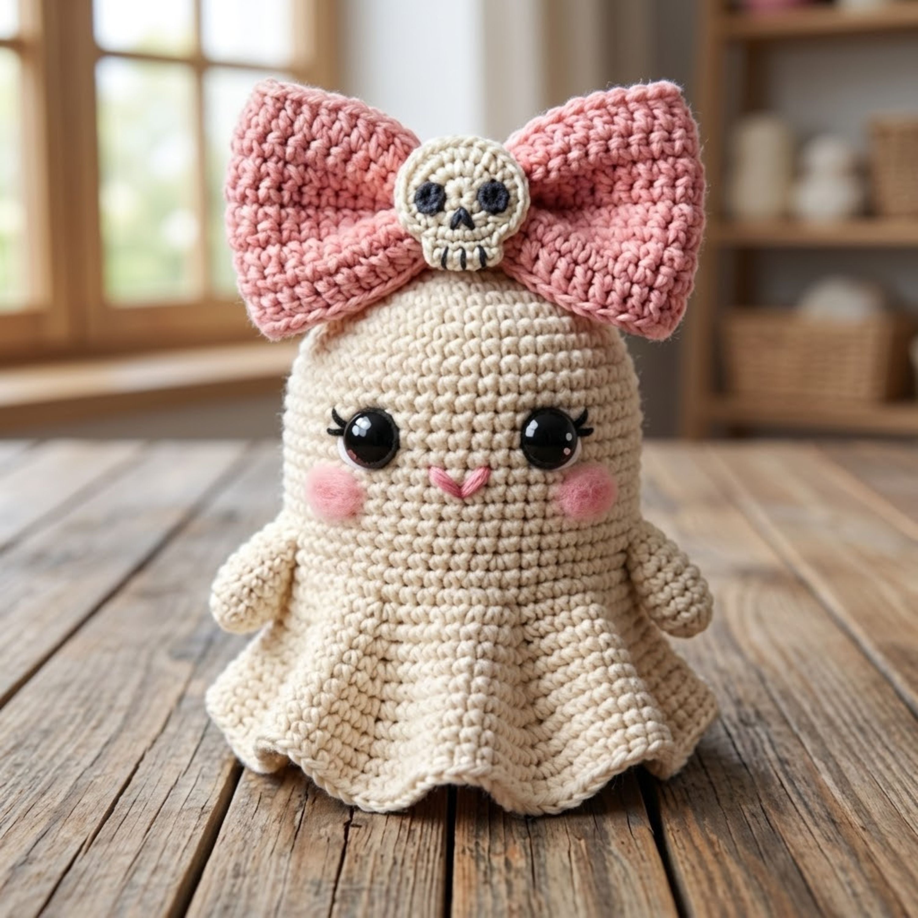 Crochet Ghost Plush, Handmade Amigurumi Ghost Doll, Pink Bow Halloween Toy, Gothic Nursery Decor, Baby Shower Gift, 4-12in Cute Kids Plushie