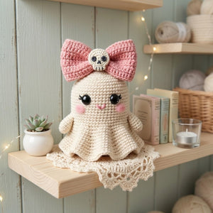 Crochet Ghost Plush, Handmade Amigurumi Ghost Doll, Pink Bow Halloween Toy, Gothic Nursery Decor, Baby Shower Gift, 4-12in Cute Kids Plushie