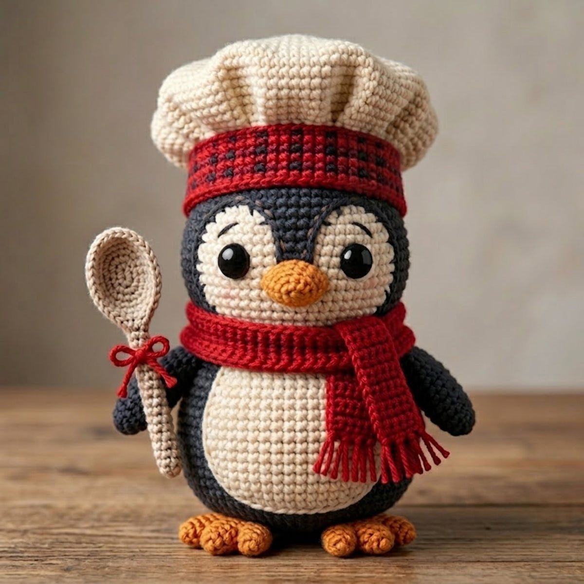 Crochet Chef Penguin Plush, Handmade Amigurumi Penguin Doll, Red Scarf Kitchen Toy, Cute Nursery Decor, Baby Shower Gift, 4-12in Kid Plushie