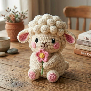 Crochet Lamb Plush, Handmade Amigurumi Sheep Doll, Pink Flower Nursery Toy, Soft Farm Animal Toy Decor, Baby Shower Gift, 4-12in Kid Plushie