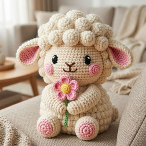 Crochet Lamb Plush, Handmade Amigurumi Sheep Doll, Pink Flower Nursery Toy, Soft Farm Animal Toy Decor, Baby Shower Gift, 4-12in Kid Plushie