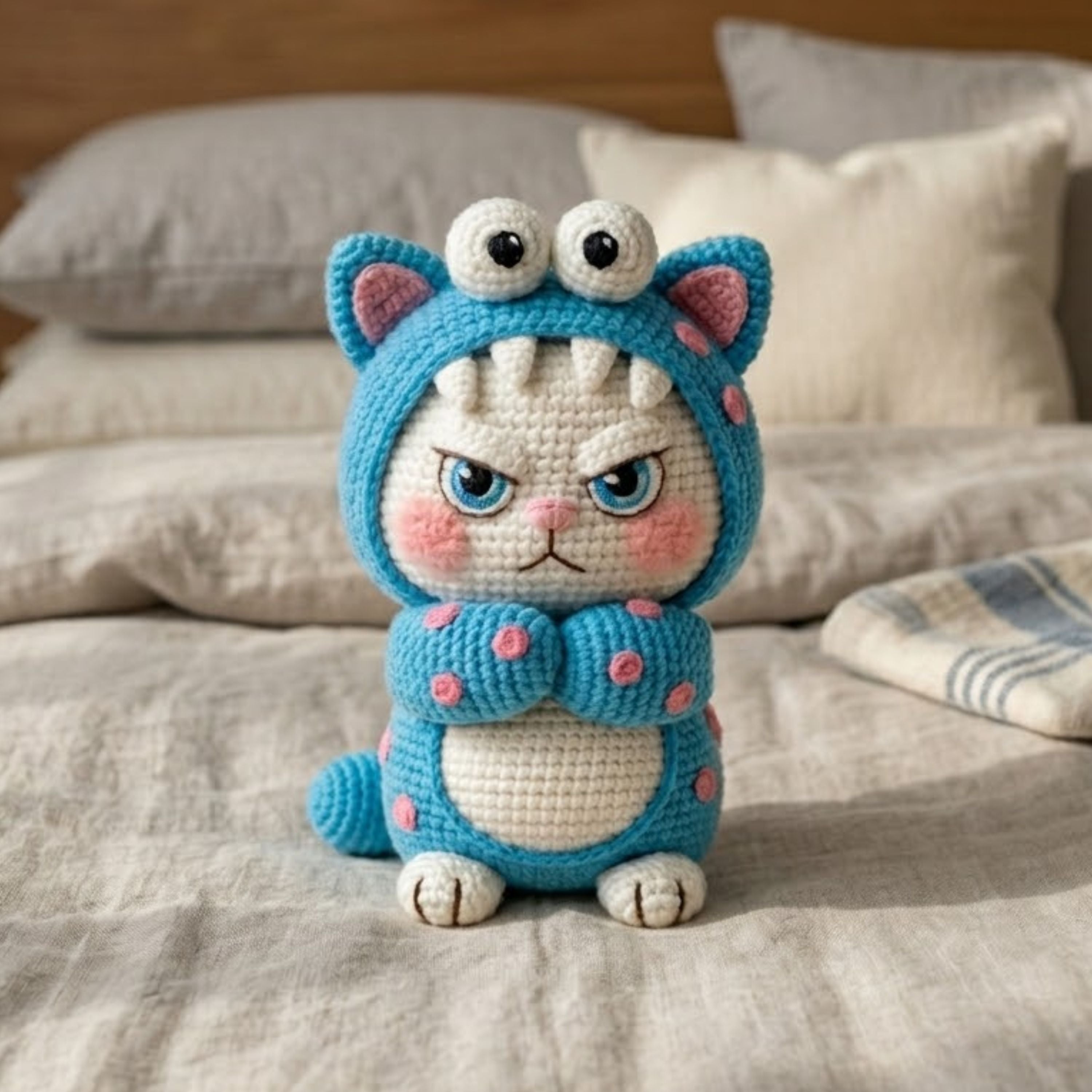 Crochet Monster Cat Plush, Handmade Amigurumi Grumpy Cat Doll, Blue Costume Nursery Toy, Kawaii Decor, Baby Shower Gift, 4-12in Kids Plushie