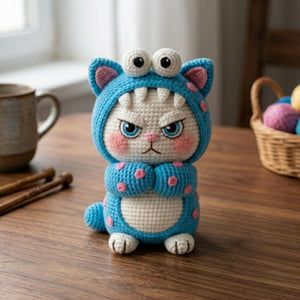 Crochet Monster Cat Plush, Handmade Amigurumi Grumpy Cat Doll, Blue Costume Nursery Toy, Kawaii Decor, Baby Shower Gift, 4-12in Kids Plushie