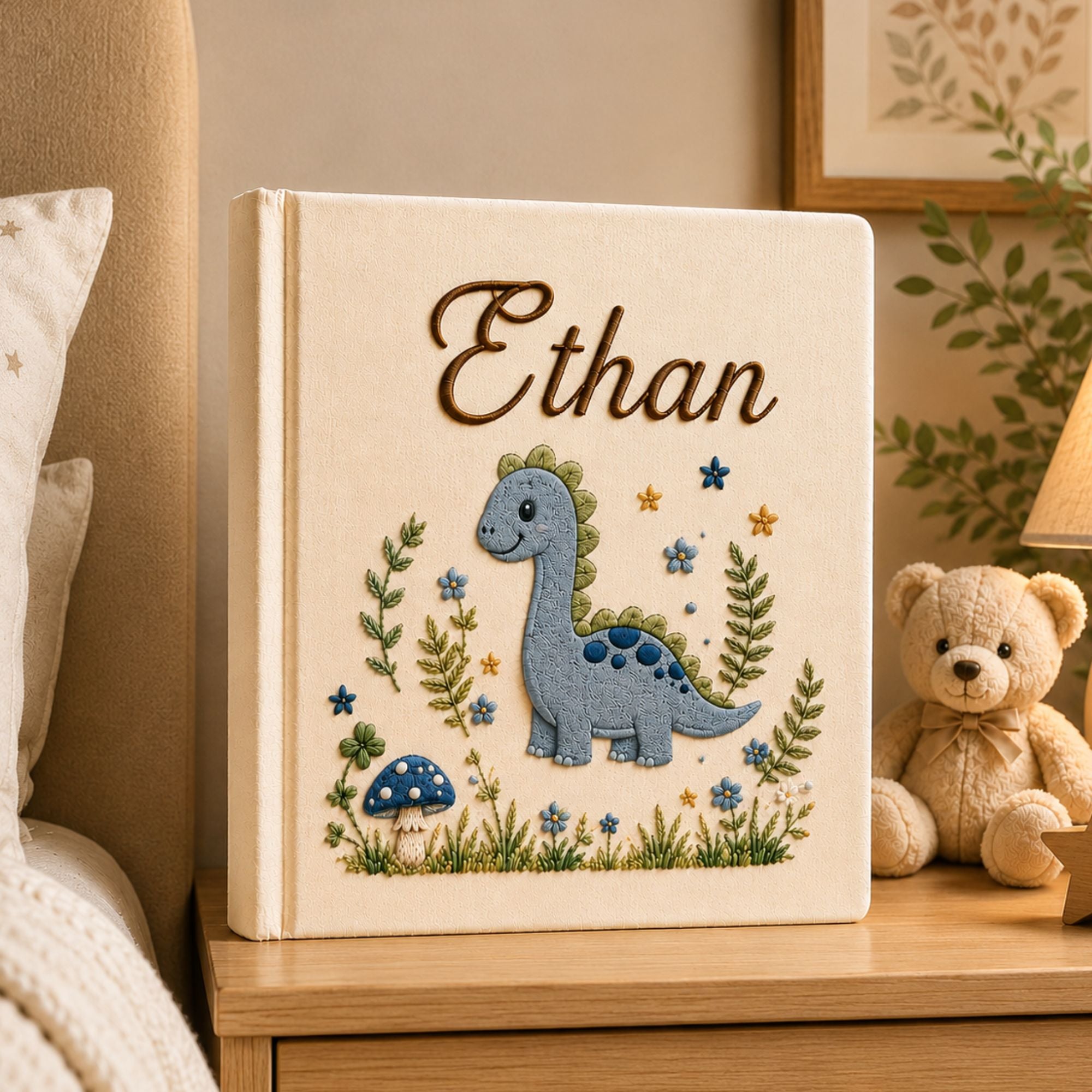 Personalized Embroidered Dinosaur Baby Photo Album, Personalized Name Dino Baby Book, Custom Newborn Keepsake Album, Baby Boy Album Gift