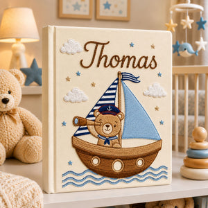 Personalized Embroidered Sailboat Teddy Bear Linen Photo Album, Custom Name Nautical Baby Memory Book, Teddy Bear Sailor Keepsake Album