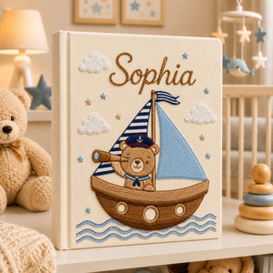 Personalized Embroidered Sailboat Teddy Bear Linen Photo Album, Custom Name Nautical Baby Memory Book, Teddy Bear Sailor Keepsake Album