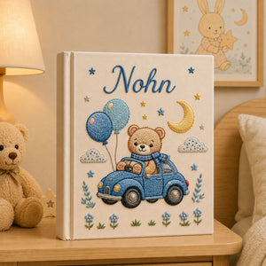 Personalized Teddy Bear Car Baby Photo Album, Custom Name Embroidered Baby Memory Book, Embroidered Bear Balloons Keepsake, Baby Shower Gift