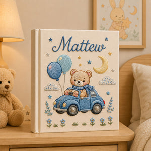 Personalized Teddy Bear Car Baby Photo Album, Custom Name Embroidered Baby Memory Book, Embroidered Bear Balloons Keepsake, Baby Shower Gift