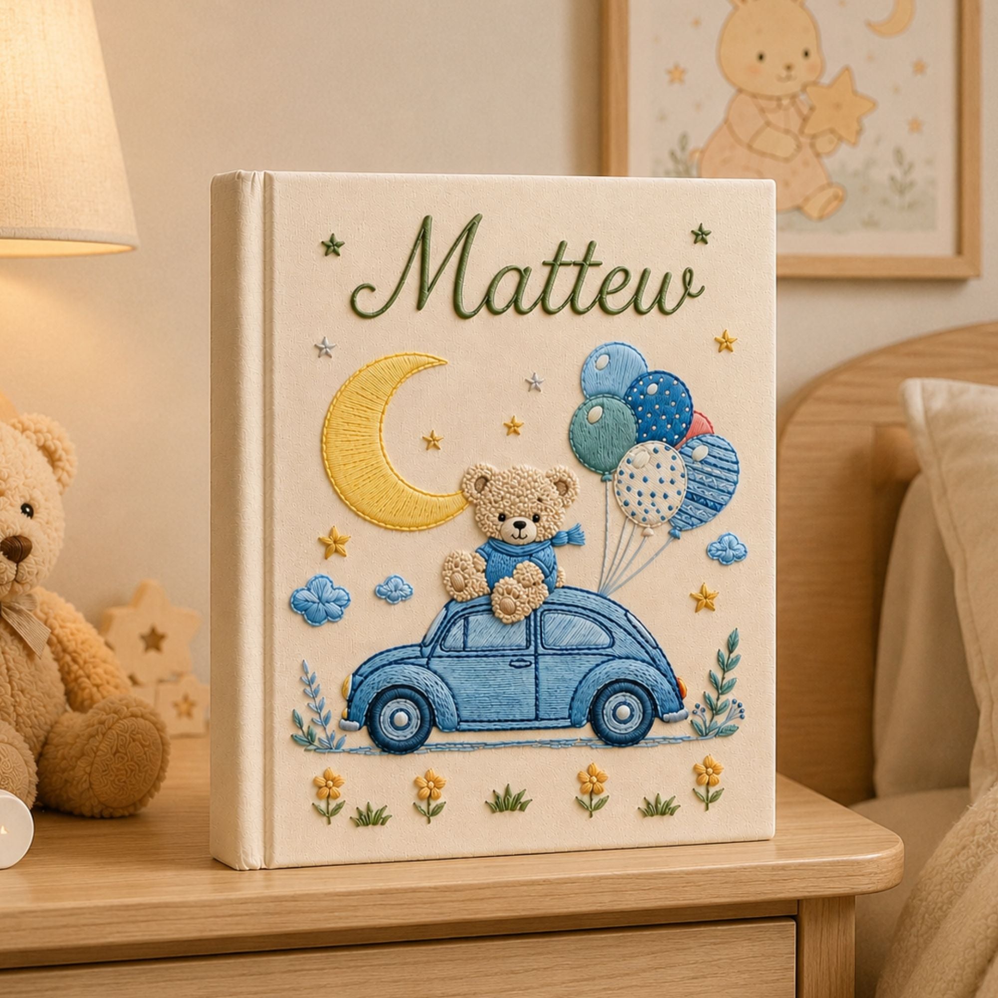 Personalized Teddy Bear Car Baby Photo Album, Custom Name Embroidered Baby Memory Book, Embroidered Bear Balloons Keepsake, Baby Shower Gift