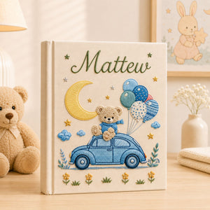 Personalized Teddy Bear Car Baby Photo Album, Custom Name Embroidered Baby Memory Book, Embroidered Bear Balloons Keepsake, Baby Shower Gift