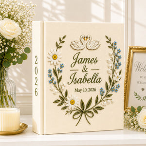 Custom Hand Embroidered Wedding Photo Album, Swan Heart Lily of the Valley Memory Book, Lily of the Valley Wedding Book,Bridal Keepsake Gift