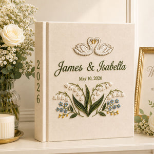 Custom Hand Embroidered Wedding Photo Album, Swan Heart Lily of the Valley Memory Book, Lily of the Valley Wedding Book,Bridal Keepsake Gift
