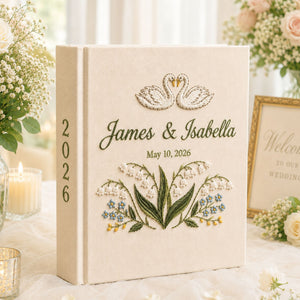 Custom Hand Embroidered Wedding Photo Album, Swan Heart Lily of the Valley Memory Book, Lily of the Valley Wedding Book,Bridal Keepsake Gift