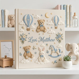 Hand Embroidered Baby Photo Album, Personalized Baby Memory Book, Custom Name Teddy Bear Nursery Album, Baby Shower Gift