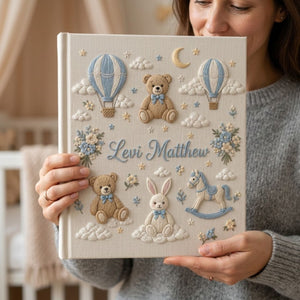 Hand Embroidered Baby Photo Album, Personalized Baby Memory Book, Custom Name Teddy Bear Nursery Album, Baby Shower Gift