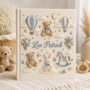 Hand Embroidered Baby Photo Album, Personalized Baby Memory Book, Custom Name Teddy Bear Nursery Album, Baby Shower Gift