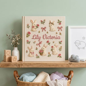Hand Embroidered Baby Photo Album, Personalized Bunny Memory Book, Custom Name Floral Nursery Keepsake, Baby Shower Gift