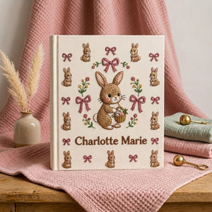 Hand Embroidered Baby Photo Album, Personalized Bunny Memory Book, Custom Name Rabbit Keepsake, Baby Girl Shower Gift