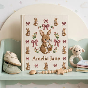 Hand Embroidered Baby Photo Album, Personalized Bunny Memory Book, Custom Name Rabbit Keepsake, Baby Girl Shower Gift