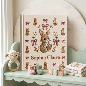 Hand Embroidered Baby Photo Album, Personalized Bunny Memory Book, Custom Name Rabbit Keepsake, Baby Girl Shower Gift