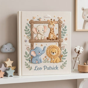 Hand Embroidered Baby Photo Album, Personalized Safari Animals Baby Book, Custom Name Elephant Giraffe Lion Nursery Keepsake Gift