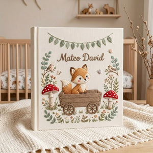 Hand Embroidered Baby Photo Album, Personalized Fox Baby Book, Custom Name Woodland Nursery Keepsake, Forest Animal Gift
