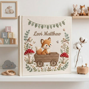 Hand Embroidered Baby Photo Album, Personalized Fox Baby Book, Custom Name Woodland Nursery Keepsake, Forest Animal Gift
