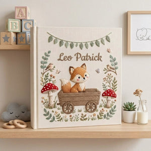 Hand Embroidered Baby Photo Album, Personalized Fox Baby Book, Custom Name Woodland Nursery Keepsake, Forest Animal Gift