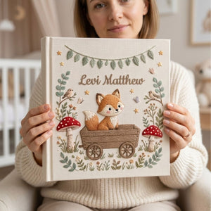 Hand Embroidered Baby Photo Album, Personalized Fox Baby Book, Custom Name Woodland Nursery Keepsake, Forest Animal Gift