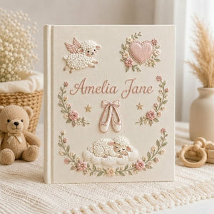 Hand Embroidered Baby Photo Album, Personalized Lamb Baby Book, Custom Name Ballet Girl Nursery Keepsake Gift