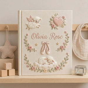 Hand Embroidered Baby Photo Album, Personalized Lamb Baby Book, Custom Name Ballet Girl Nursery Keepsake Gift