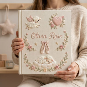 Hand Embroidered Baby Photo Album, Personalized Lamb Baby Book, Custom Name Ballet Girl Nursery Keepsake Gift