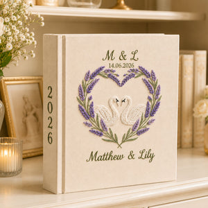 Custom Hand Embroidered Wedding Photo Album, Swan Heart Lavender Memory Book, Lavender Keepsake Wedding Book, Bridal Keepsake Gift