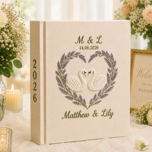Custom Hand Embroidered Wedding Photo Album, Swan Heart Lavender Memory Book, Lavender Keepsake Wedding Book, Bridal Keepsake Gift