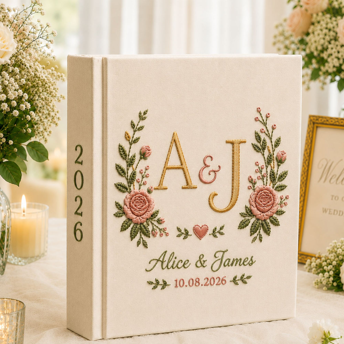 Custom Hand Embroidered Floral Wedding Photo Album, Linen Floral Initials Wedding Guest Book, Floral Rustic Wedding Book, Bridal Shower Gift