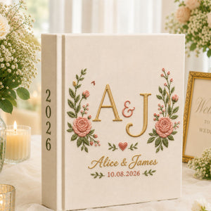 Custom Hand Embroidered Floral Wedding Photo Album, Linen Floral Initials Wedding Guest Book, Floral Rustic Wedding Book, Bridal Shower Gift