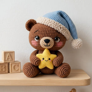 Crochet Sleepy Bear Plush, Handmade Amigurumi Teddy Bear Doll, Blue Nightcap Nursery Toy, Yellow Star Gift, Baby Shower Gift, 4-12in Plushie