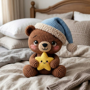 Crochet Sleepy Bear Plush, Handmade Amigurumi Teddy Bear Doll, Blue Nightcap Nursery Toy, Yellow Star Gift, Baby Shower Gift, 4-12in Plushie