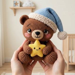 Crochet Sleepy Bear Plush, Handmade Amigurumi Teddy Bear Doll, Blue Nightcap Nursery Toy, Yellow Star Gift, Baby Shower Gift, 4-12in Plushie