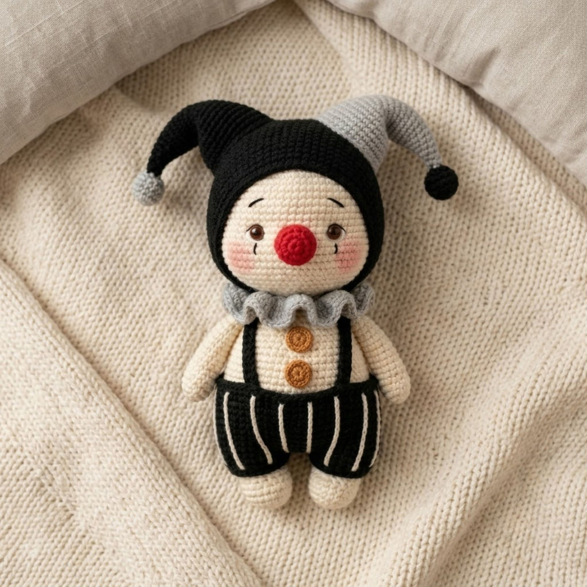 Crochet Gothic Jester Plush, Handmade Amigurumi Clown Doll, Black Gray Circus Toy, Cute Nursery Decor, Baby Shower Gift, 4-12in Kids Plushie