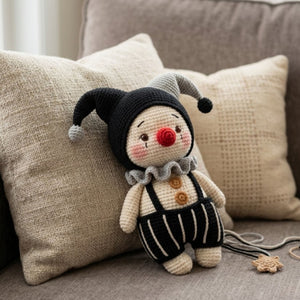 Crochet Gothic Jester Plush, Handmade Amigurumi Clown Doll, Black Gray Circus Toy, Cute Nursery Decor, Baby Shower Gift, 4-12in Kids Plushie