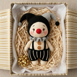 Crochet Gothic Jester Plush, Handmade Amigurumi Clown Doll, Black Gray Circus Toy, Cute Nursery Decor, Baby Shower Gift, 4-12in Kids Plushie