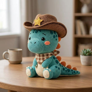Crochet Cowboy Dinosaur Plush, Handmade Amigurumi Dino Doll, Blue Western Nursery Toy, Cowboy Hat Gift, Baby Shower Gift, 4-12in Kid Plushie