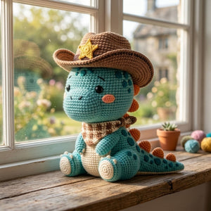 Crochet Cowboy Dinosaur Plush, Handmade Amigurumi Dino Doll, Blue Western Nursery Toy, Cowboy Hat Gift, Baby Shower Gift, 4-12in Kid Plushie