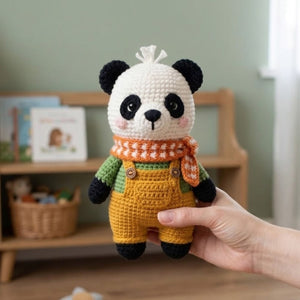 Crochet Panda Plush, Handmade Amigurumi Panda Toy, Yellow Overall Nursery Toy, Orange Scarf Plush Gift, Baby Shower Gift, 4-12in Kid Plushie