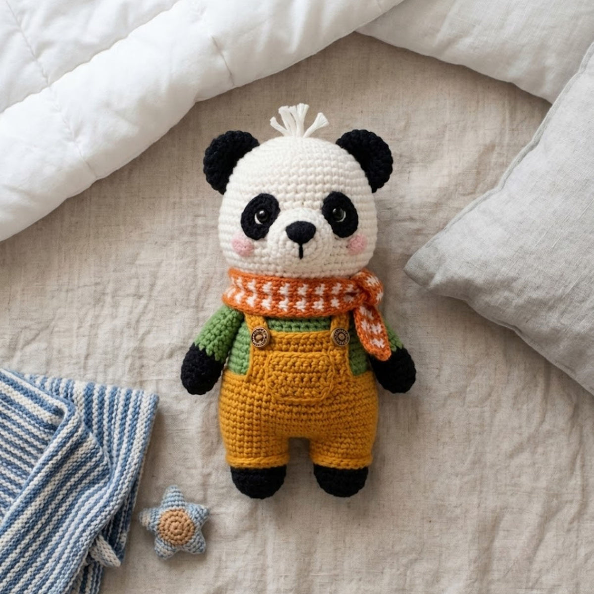 Crochet Panda Plush, Handmade Amigurumi Panda Toy, Yellow Overall Nursery Toy, Orange Scarf Plush Gift, Baby Shower Gift, 4-12in Kid Plushie